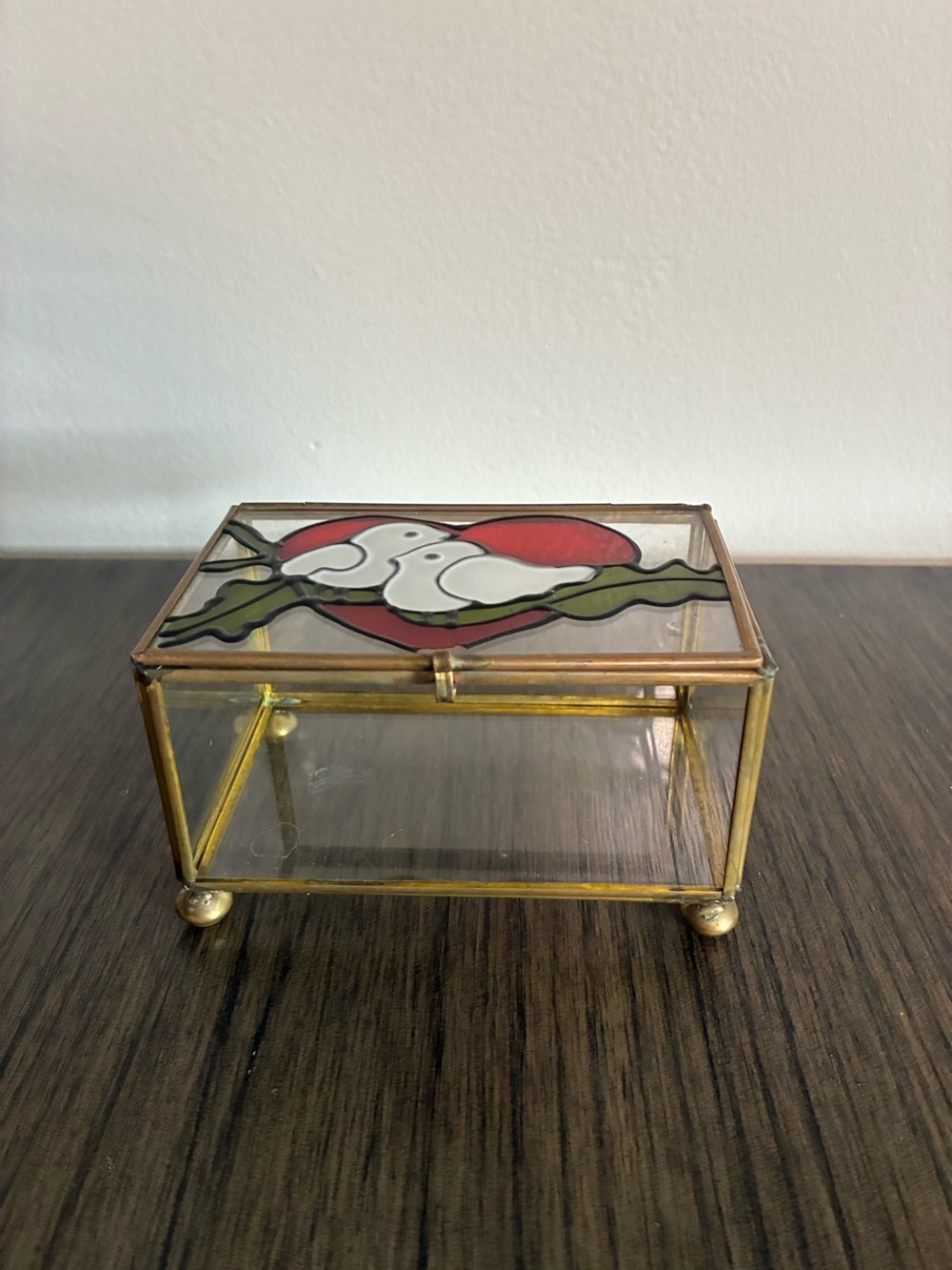 Avon Stained Glass Jewelry Box with Red Heart and White Doves
